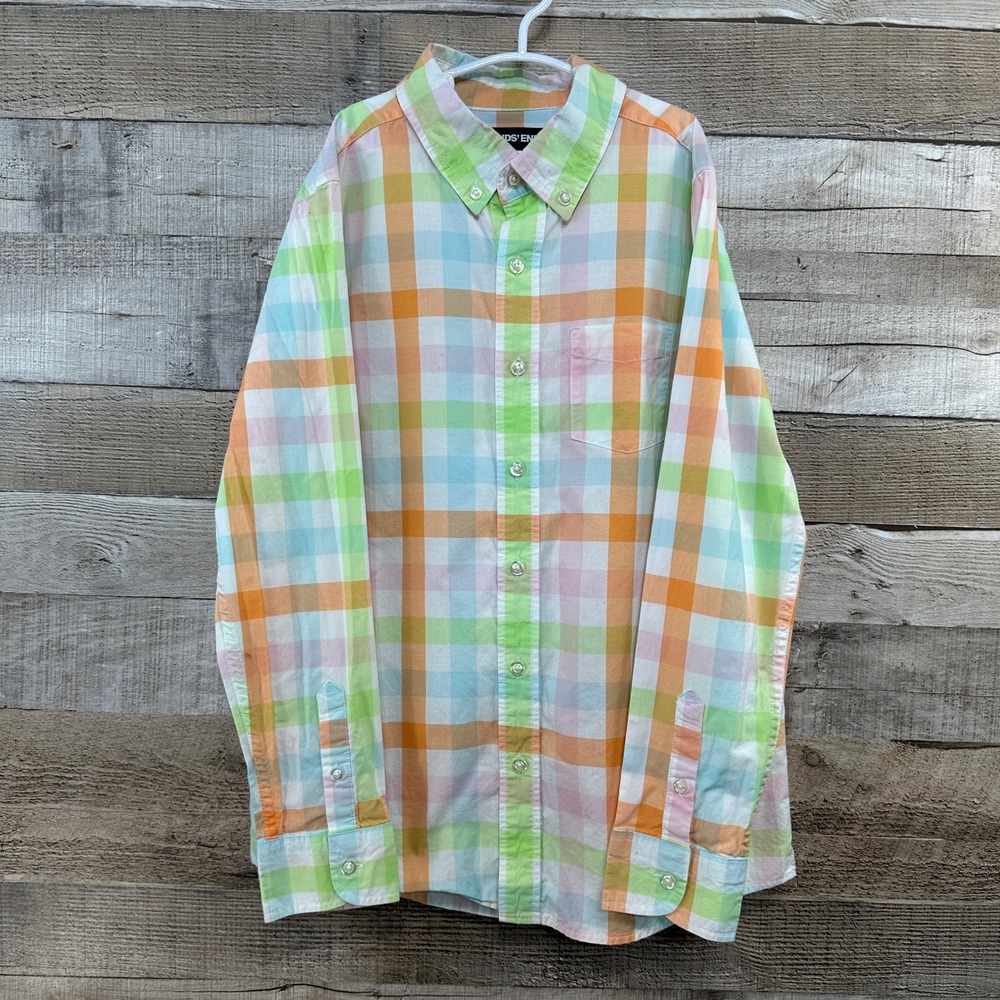Lands End Boys Pastel Plaid Button Down Shirt Orange Green Blue Size M 10-12